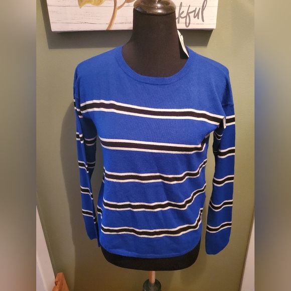 Express Sweater Ribbed Neckline Sz XS NWT Blue/Black/white Strip Y2k - Picture 3 of 8
